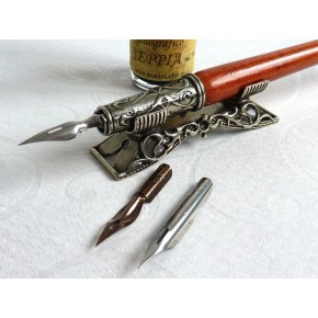 Penna calligrafica legno, inchiostro e penna riposo