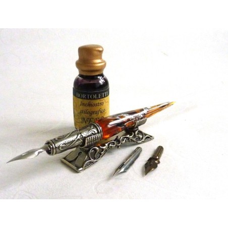 Silver Leaf Glass Calligraphy Pen Set With Pen Rest