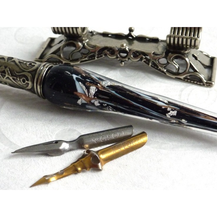 Penna per calligrafia in vetro foglia argento con portapenne Penna per calligrafia in vetro foglia argento con portapenne