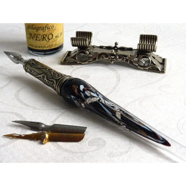 Penna per calligrafia in vetro foglia argento con portapenne Penna per calligrafia in vetro foglia argento con portapenne