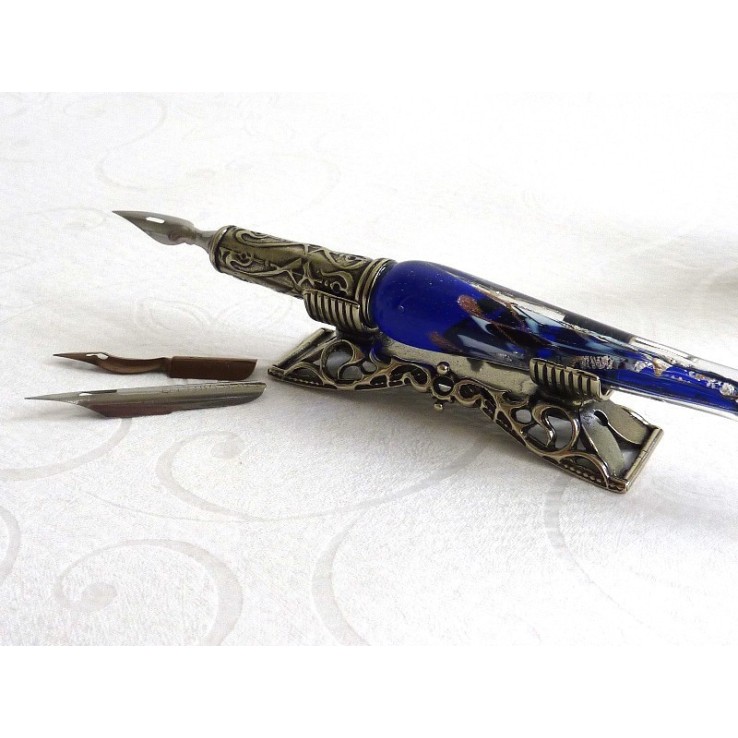 Penna per calligrafia in vetro foglia argento con portapenne Penna per calligrafia in vetro foglia argento con portapenne
