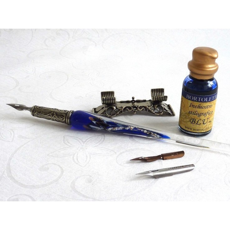 Penna per calligrafia in vetro foglia argento con portapenne Penna per calligrafia in vetro foglia argento con portapenne
