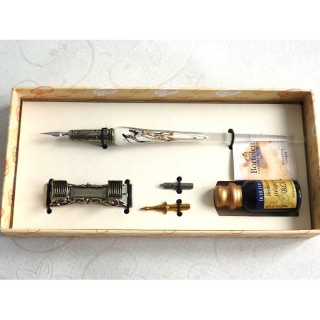 Sølvbladet glas kalligrafipenn med pennestøtte