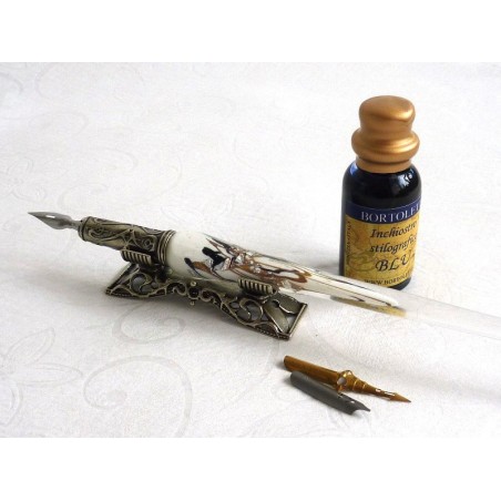Penna per calligrafia in vetro foglia argento con portapenne