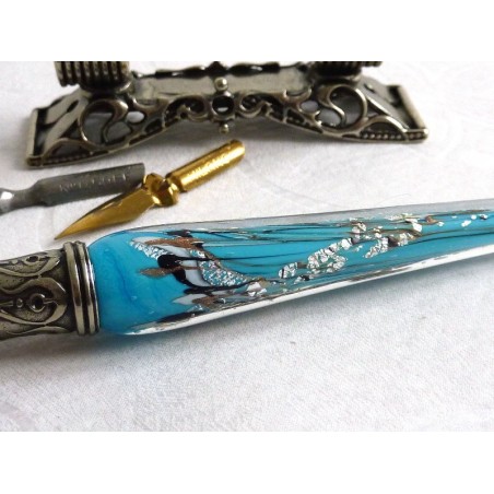 Penna per calligrafia in vetro foglia argento con portapenne