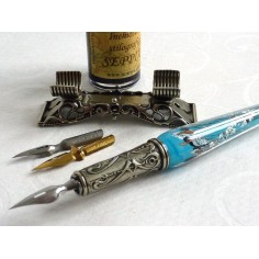 Penna per calligrafia in vetro foglia argento con portapenne