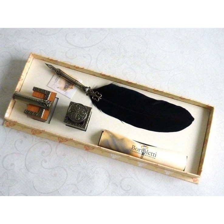 Bortoletti Corona Black Feather Quill Dip Pen Inkwell en Pen Holder