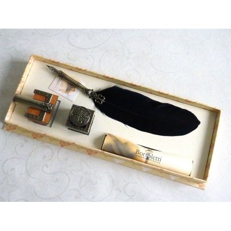 Bortoletti Corona Black Feather Quill Drill Pen Pen Inkwell e Porta penna