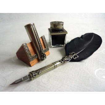 Bortoletti black feather quill dip pen inkwell & pen holder