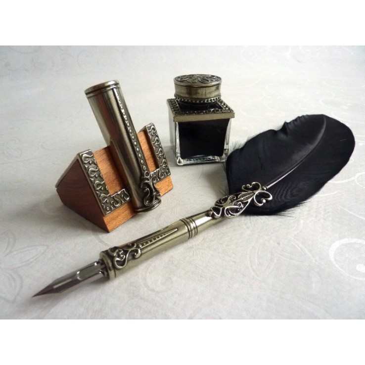 Bortoletti black feather quill dip pen inkwell & pen holder
