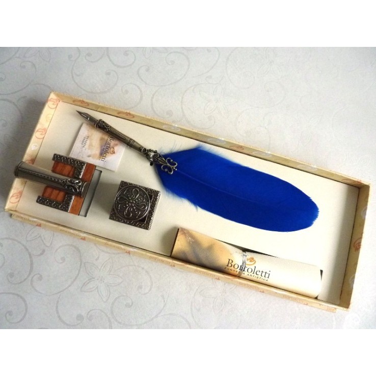 Bortoletti Corona Blue Feather Quill Dip Pen Inkwell og Pen Holder