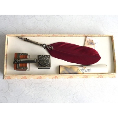 Bortoletti Corona Burgundy Feather Quill Dip Pen Inkwell och Pen Holder