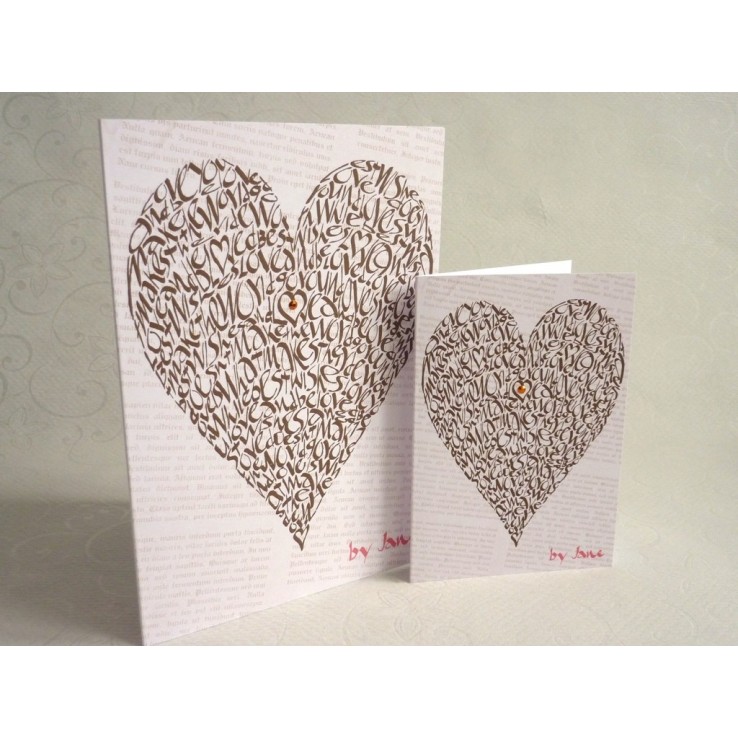 Romantic heart-shaped greeting card with chocolate styling in two sizes