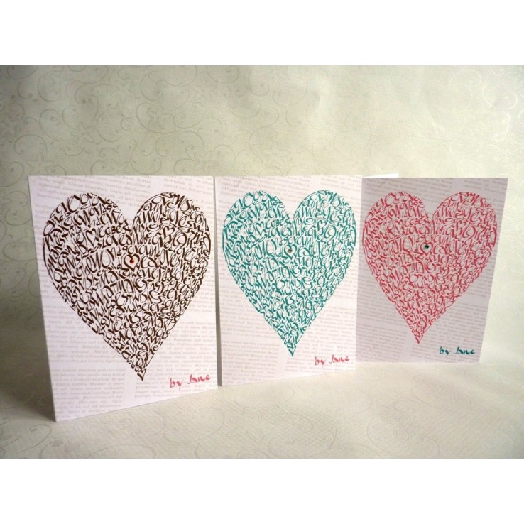 Håndlavet Valentins kort med kærlighed citater og hjerte design i tre farver