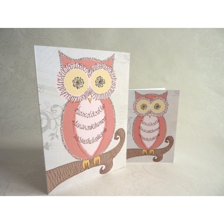 Calligraphic wise owl card with sparkling eyes