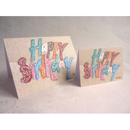 Multicoloured happy birthday calligraphy card by Jane Lappage