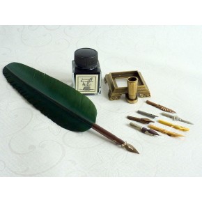 Penna calligrafica - piuma verde, inchiostro e supporto