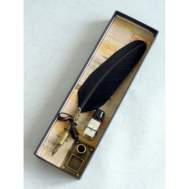 Green Feather Quill, 8 Nibs, Ink, Holder Green Feather Quill, 8 Nibs, Ink, Holder