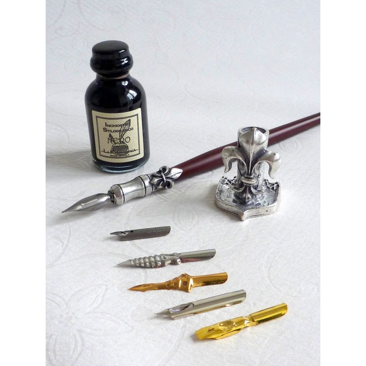 Wood and pewter dip pen, 6 nibs with ink and pen holder Wood and pewter dip pen, 6 nibs with ink and pen holder