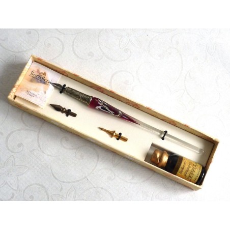 Calligrafia penna in vetro foglia argento e inchiostro