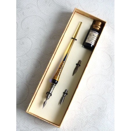 Kultalehtinen lasikalligrafiakynä, kärjet ja muste