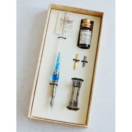 Penna per calligrafia in vetro foglia argento con portapenne