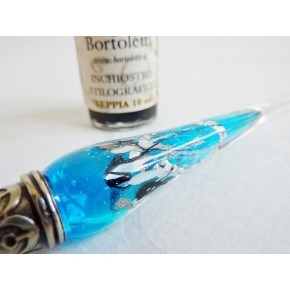Penna per calligrafia in vetro foglia argento con portapenne
