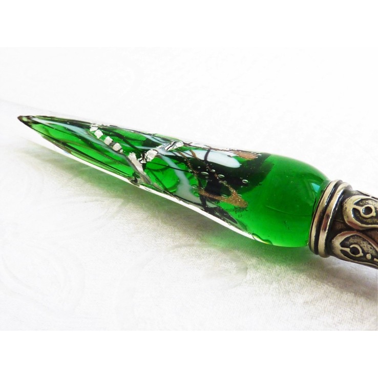 Zilveren blad glas pen met glas penpunt Zilveren blad glas pen met glas penpunt