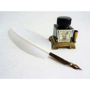 Penna piuma bianca con inchiostro e supporto