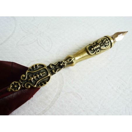 Stylo calligraphie plume marron et étain