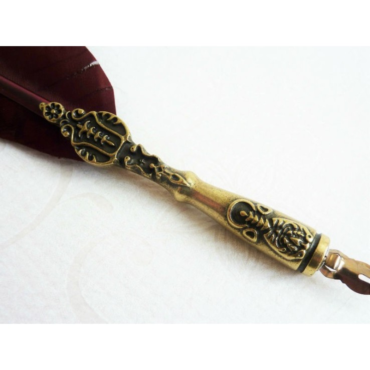 Stylo calligraphie plume marron et étain Stylo calligraphie plume marron et étain