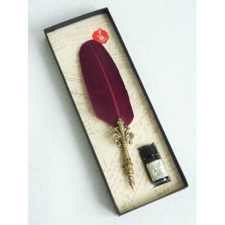 Fleur De Lys fjäder quill och bläck uppsättning - vinröd