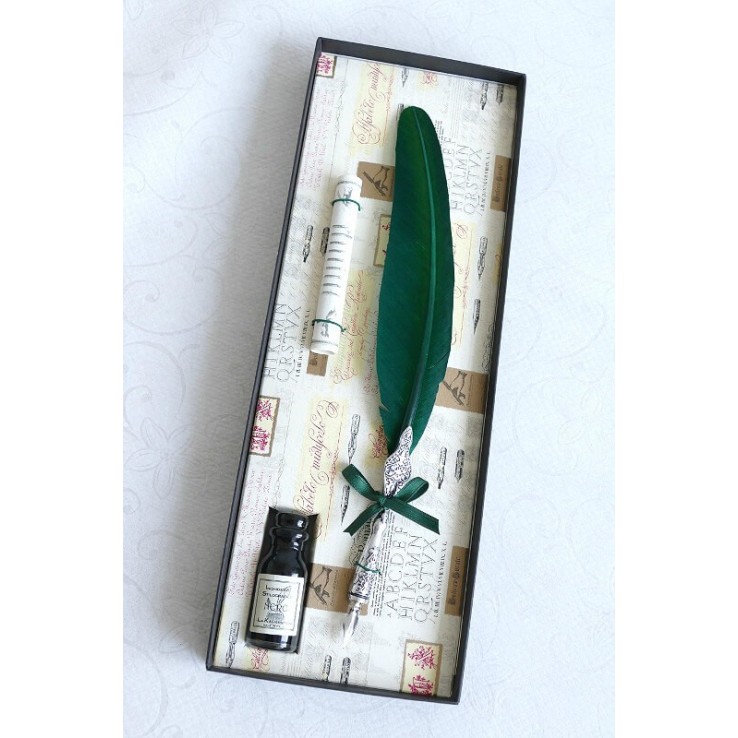 Green Feather Pewter Quill Dip Pen & Ink Green Feather Pewter Quill Dip Pen & Ink