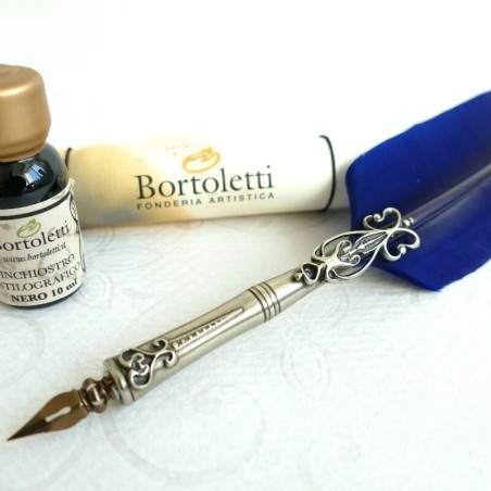 Bortoletti Klassieke blauwe veer dip pen set80 met 2 penpjes en inkt