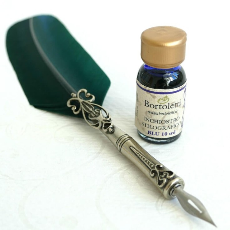 Ganzenveren pen, twee tips en inkt Ganzenveren pen, twee tips en inkt