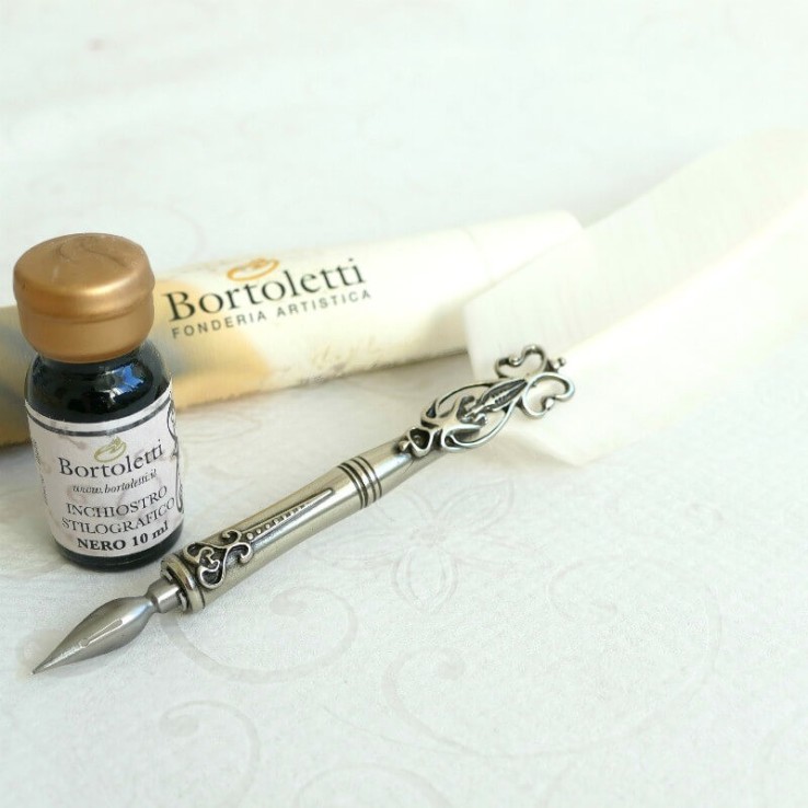 Ganzenveren pen, twee tips en inkt Ganzenveren pen, twee tips en inkt