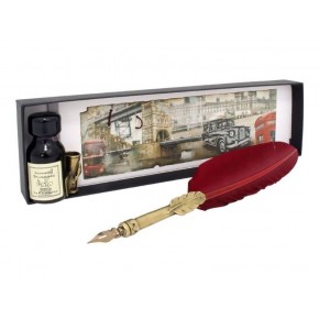 Burgundy Feather Design Quill, Stand & Ink Set