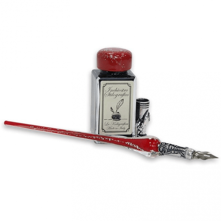 Bolígrafo de caligrafía - vidrio rojo y plateado