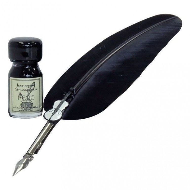 Calligraphy pen, black feather, silver violin