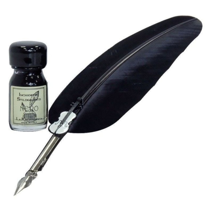 Penna calligrafica, piuma nera, violino d'argento