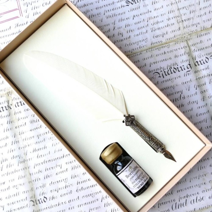 Bortoletti CA 'd'Oro Ivory Feather Quill Pen en Ink Set