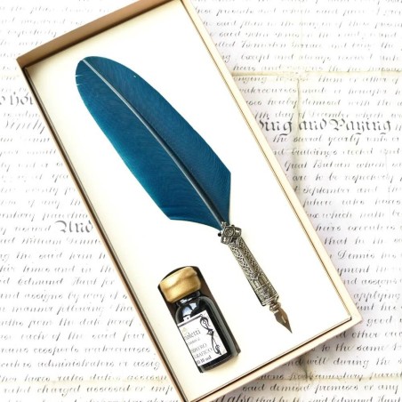 Bortoletti CA 'd'Oro Turquoise Feather Quill Pen en Ink Set