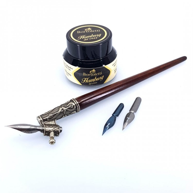 Oblique wooden and bronze pen set