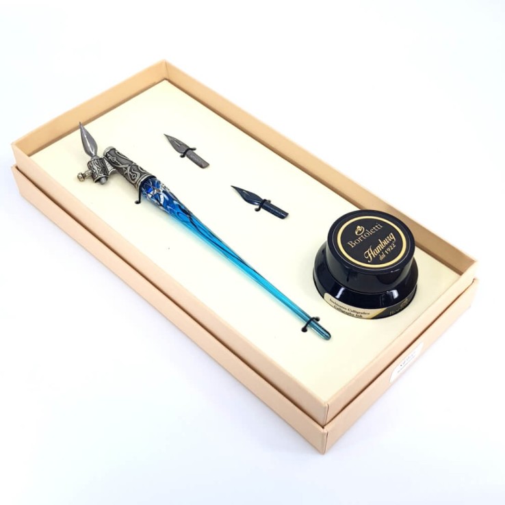 Kalteva kalligrafiakynä - lasi hopeinen lehti