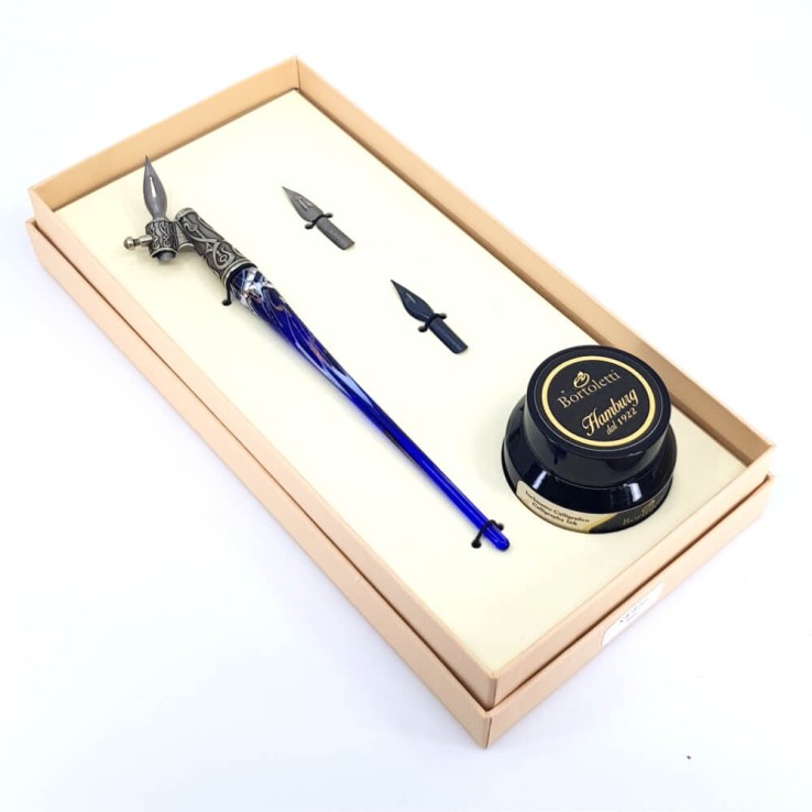 Schuine kalligrafiepen - glas zilver blad