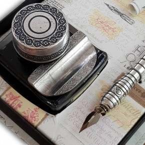 Pewter calligraphy pen and ink bottle