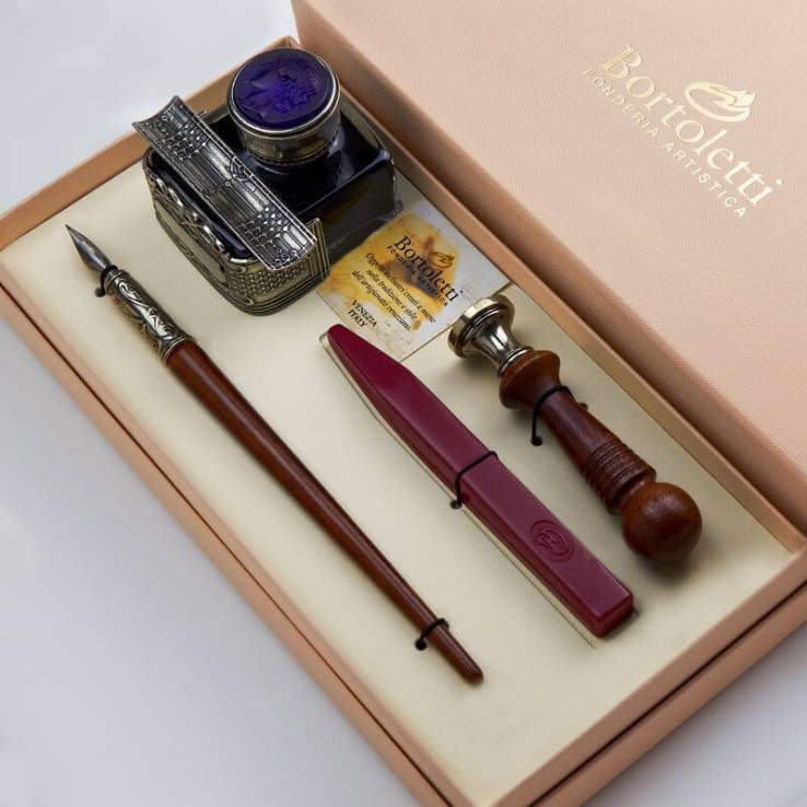 Bortoletti SOSPIRI WOOD PEN OG WAX SEAL SET MED BRONZE INKWELL