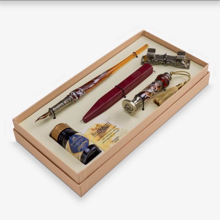Amber Leopardi Murano glass pen and wax seal set by Bortoletti