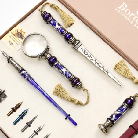 Blau Bortoletti Cornaro Murano Glas Kalligraphie-Schreibtisch-Set Nahaufnahme