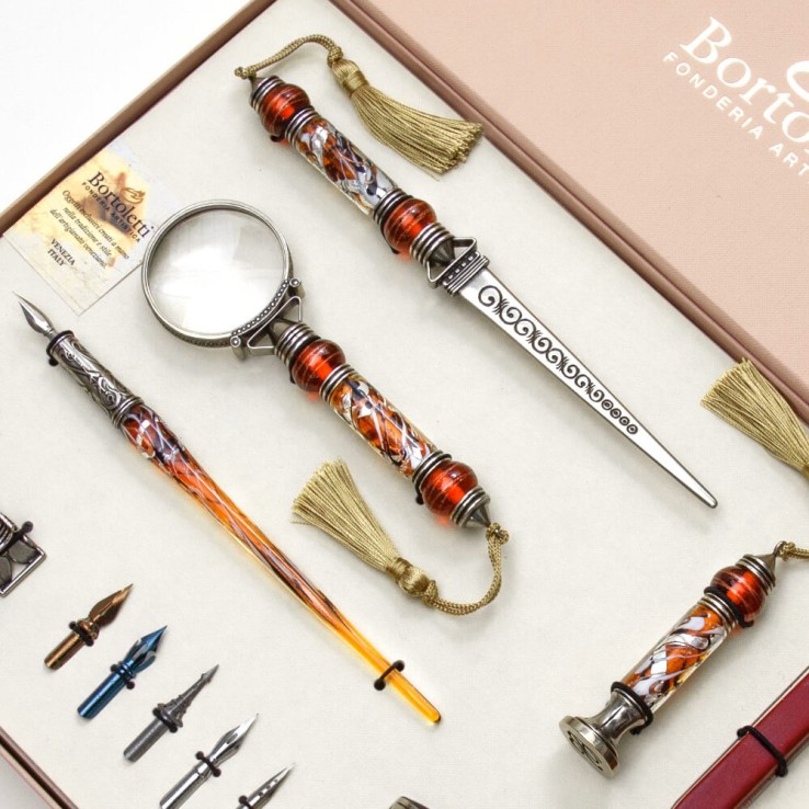 Bernstein Bortoletti Cornaro Murano Glas Kalligraphie-Schreibtisch-Set Nahaufnahme